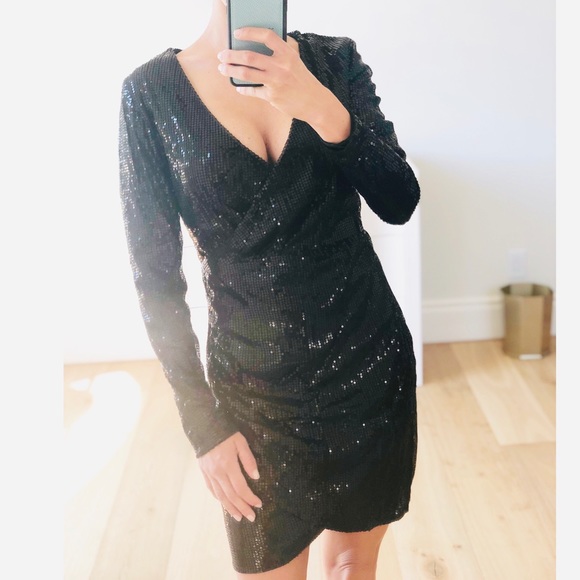 VEGAS Black Long Sleeve Sequin Surplice Dress - Picture 6 of 10